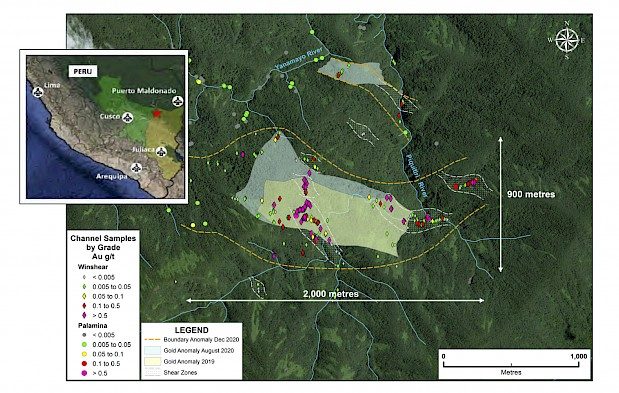 Figure 1: Channel sample assay map of the 2,000m by 900m Coritiri gold anomaly